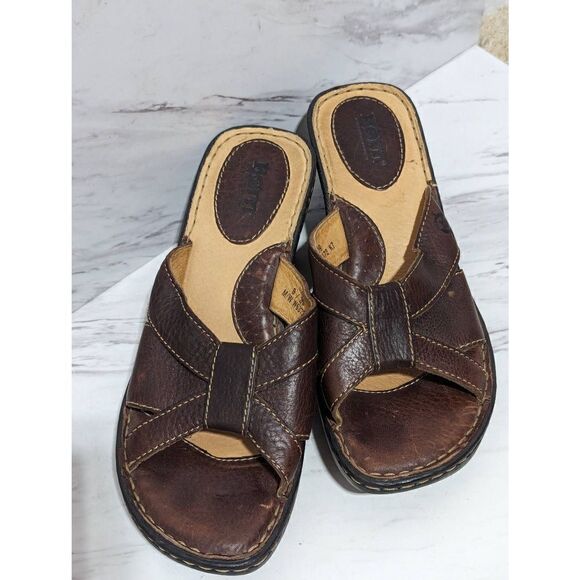 Born Women's Brown Leather Slip-On Slide 2.5" Wedge Sandal Size 8 - Picture 4 of 7